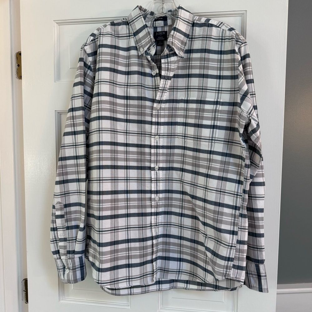 J Crew Men’s L Blue White & Gray Oxford Long Sleeve Slim Front Button Up‎